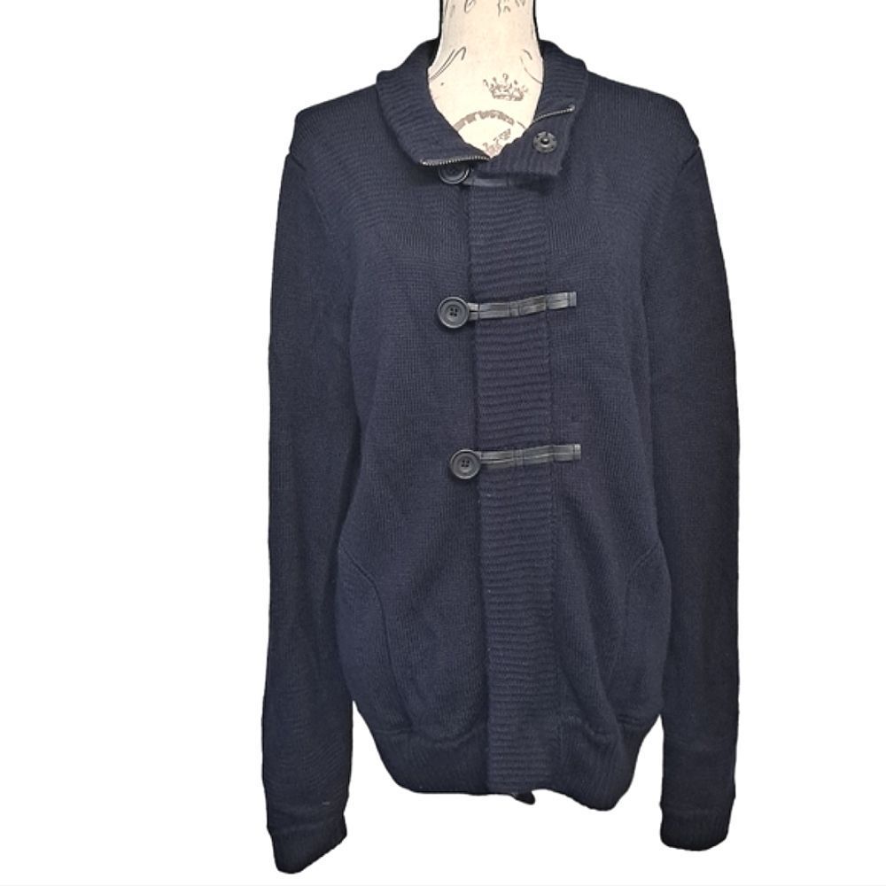 Vince 100% Wool navy blue men's thick knit zipper cardigan sweater jacket Size L